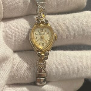 Vintage Grenada gold plated heart shaped with diamonds stretch band watch